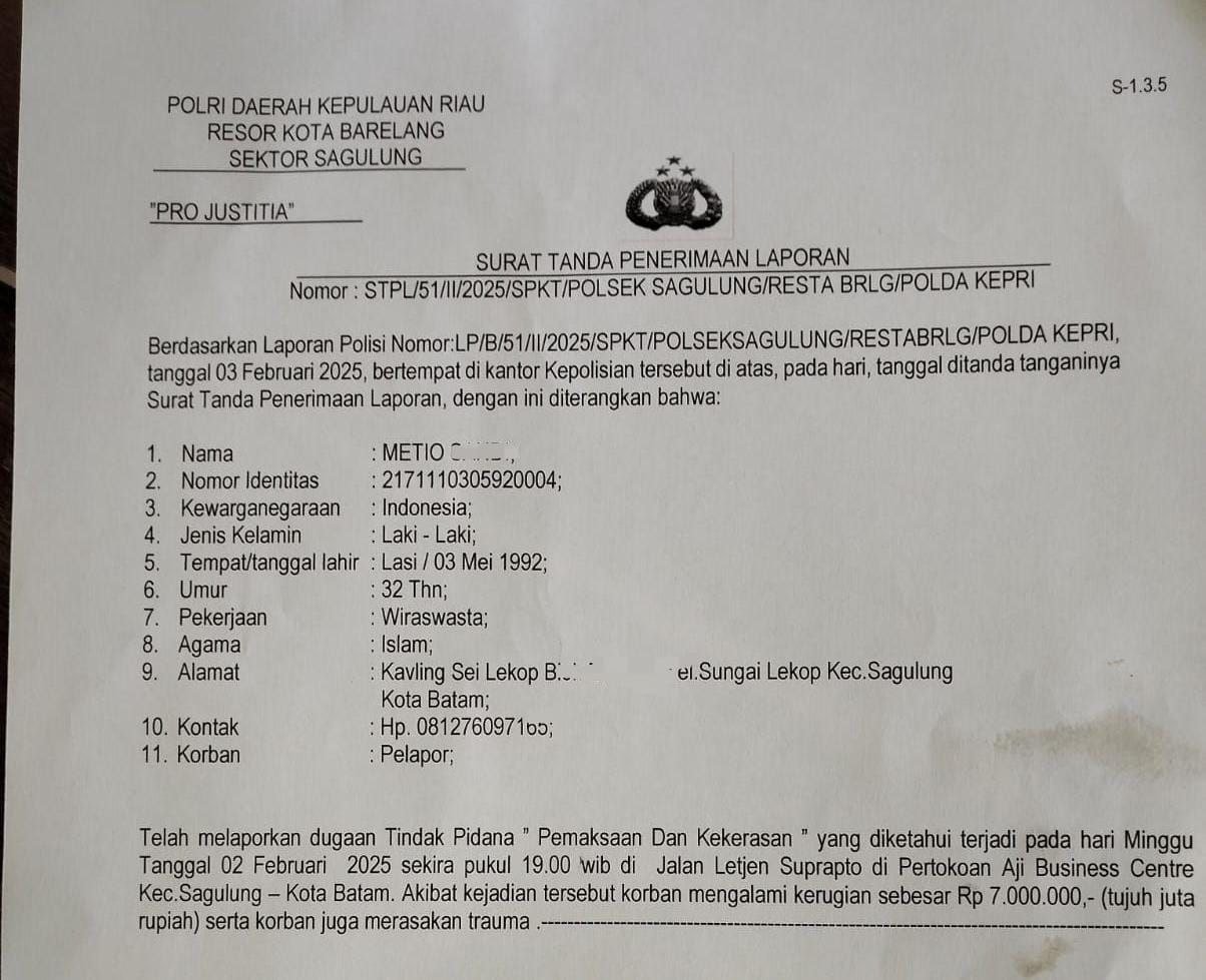 MS telah Melaporkan Pelaku ke Polsek Sagulung atas Dugaan Tindak Pidana Kekerasan dan Pemaksaan