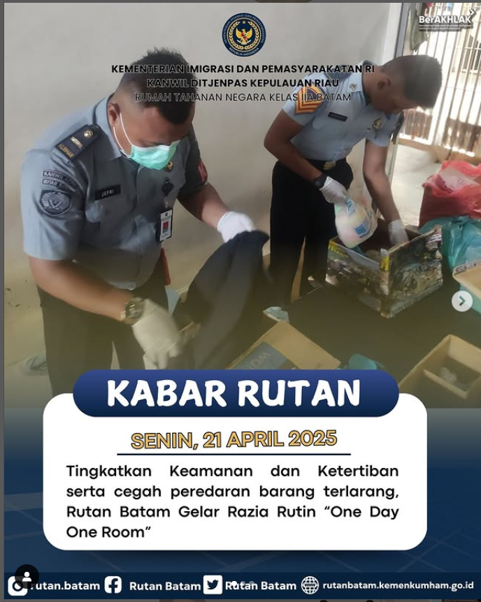 Tingkatkan Keamanan dan Ketertiban serta cegah peredaran barang terlarang, Rutan Batam Gelar Razia Rutin “One Day One Room”