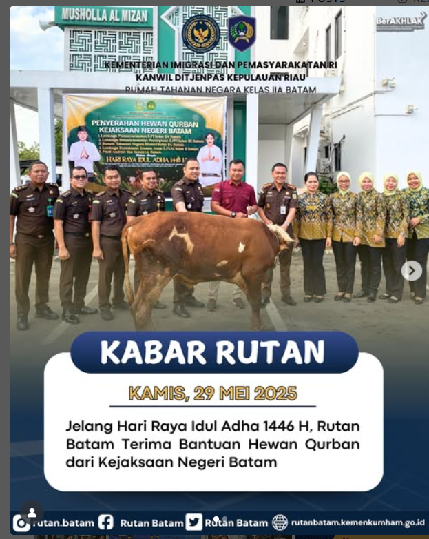 Jelang Hari Raya Idul Adha 1446 H, Rutan Batam Terima Bantuan Hewan Qurban dari Kejaksaan Negeri Batam