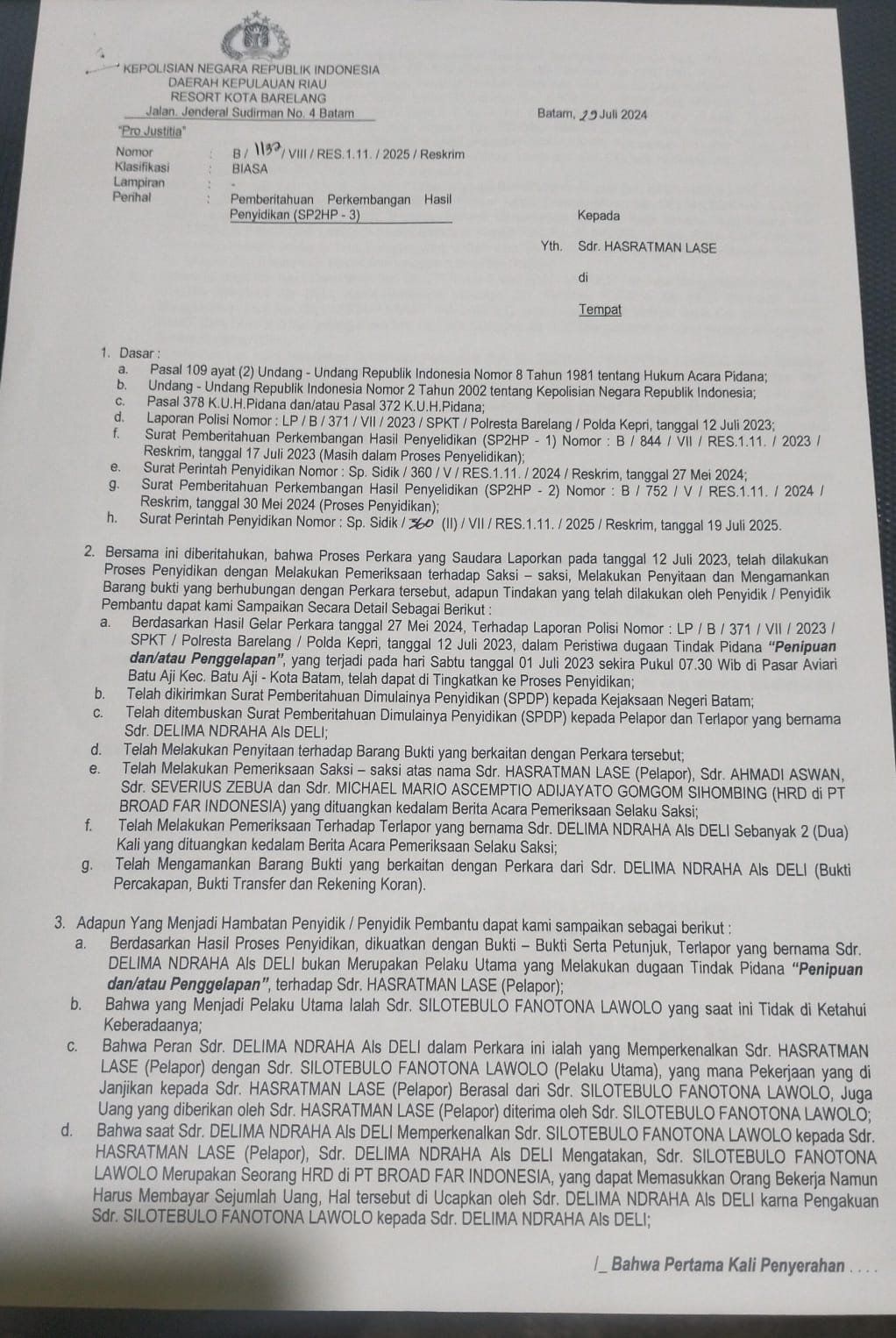 WPI FERADI & Team LIBAS Kepri Terima SP2HP Satreskrim Polresta Barelang Terkait Dugaan Penipuan